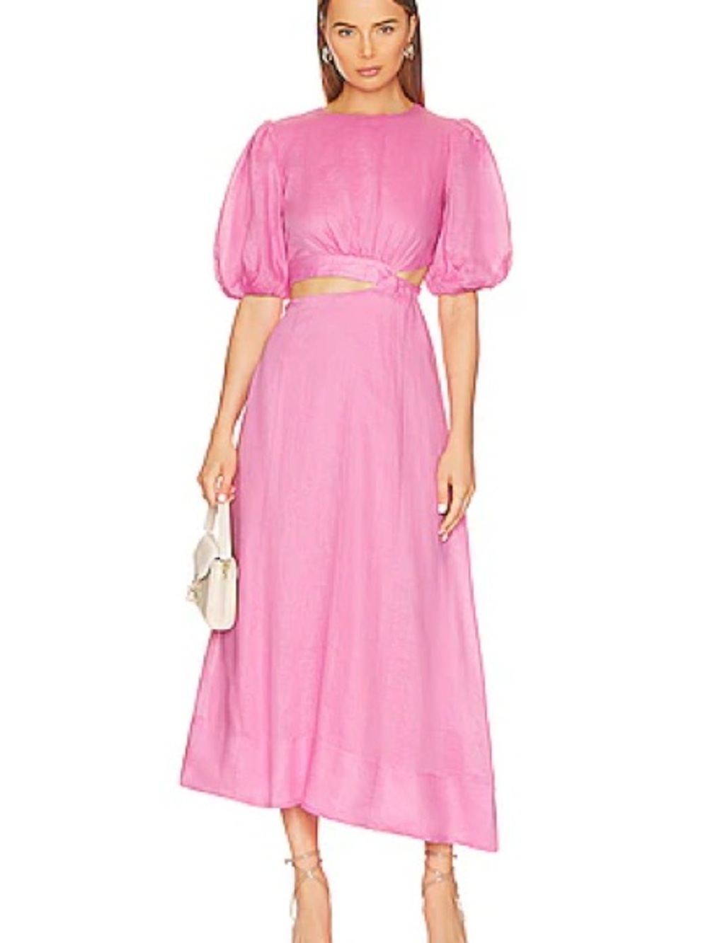 Bardot Bright Pink Puff-Sleeve Maxi Dress with Cutout Waist